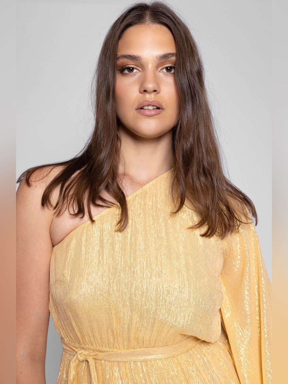 New! Sundress Doris  Belted One-Shoulder Shimmer Midi Dress in Gold 🌟 Small Tall - Picture 2 of 16